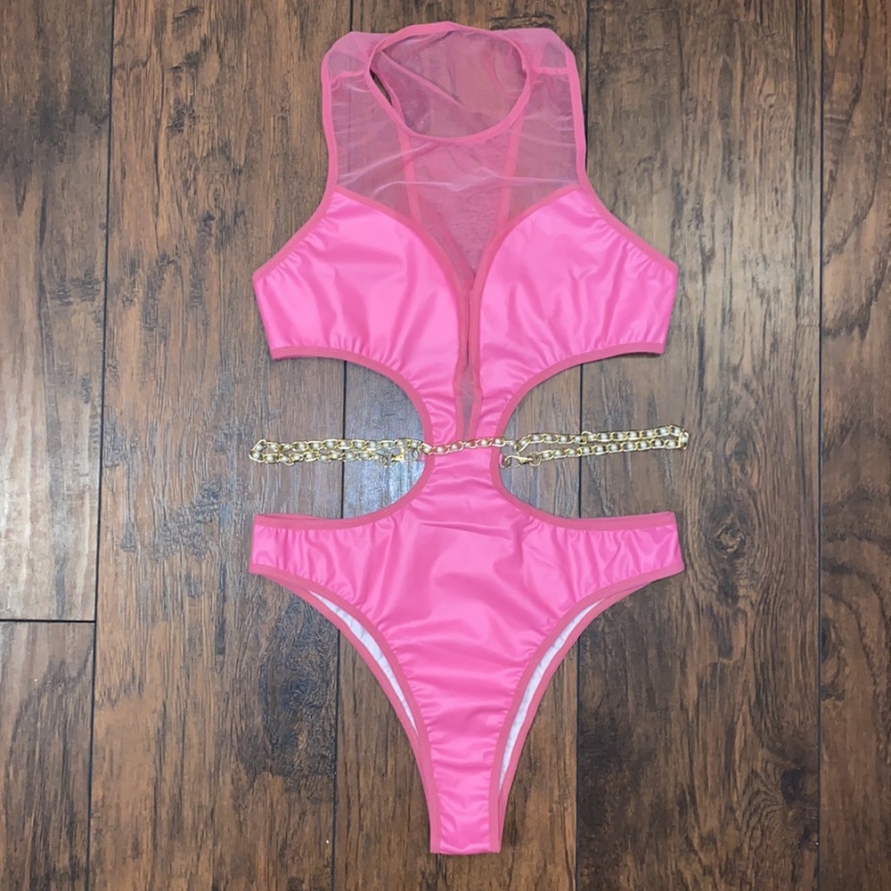 Pink Mesh & Chain Decor Faux Leather Rave Bodysuit